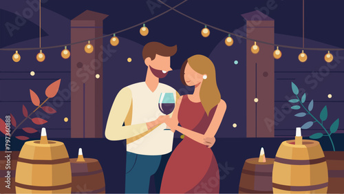 Amidst the rustic wooden barrels and lowhanging string lights the couple relished in each others company basking in the quiet intimacy of the wine. Vector illustration