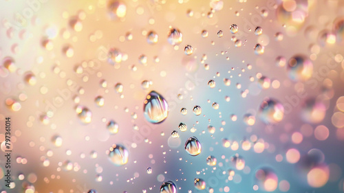 An abstract  minimalist scene where translucent droplets of muted colors seem to float on the background  each one capturing the light and creating a sense of serene beauty