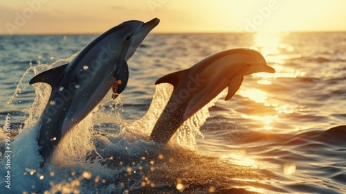 Two dolphins jumping out of water in ocean photo