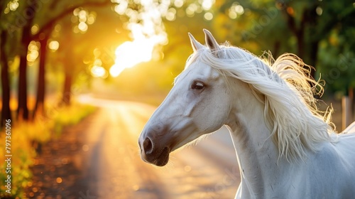 White horse is standing on road in front of sunset