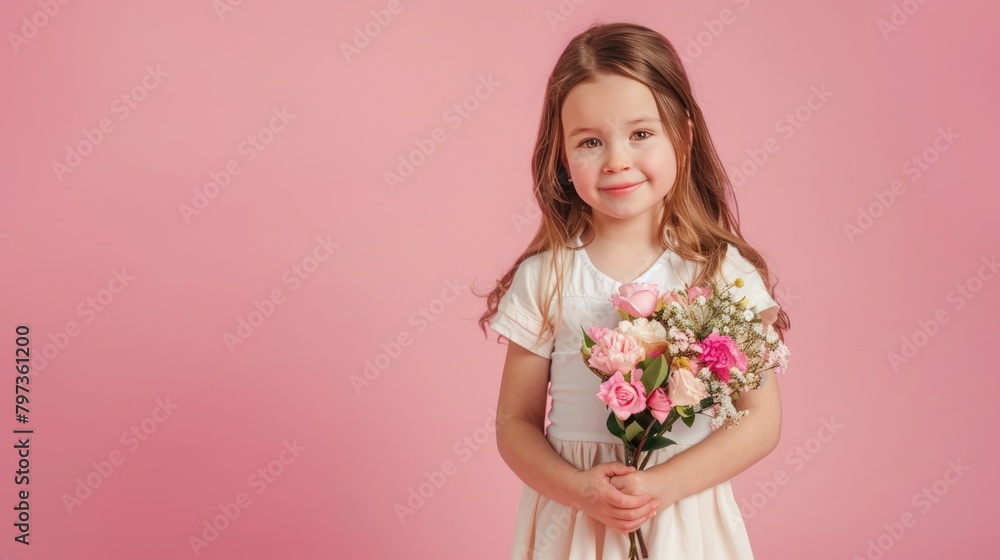 Portrait of a little girl with a bouquet of spring flowers on a colored background. a place for the text. spring concept