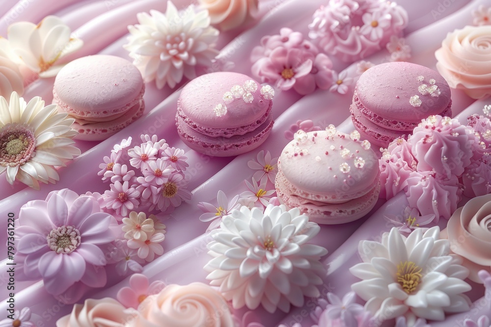 A close up view of colorful macaroons nestled beside vibrant flowers on a table, creating a beautiful and inviting display of sweetness and beauty. A close up view of colorful macaroons nestled beside vibrant flowers on a table, creating a beautiful and inviting display of sweetness and beauty.