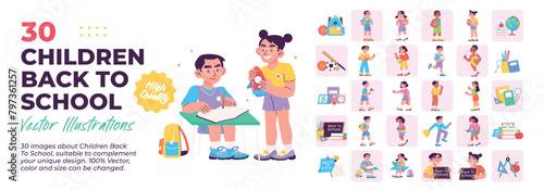 Bundle collection of children activity at school, equipment, school supplies, kids back to school concept illustrations. Set of illustration of student and school activities. Vector flat illustration.