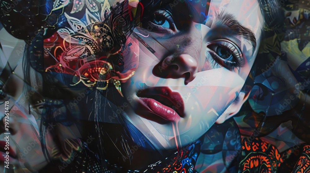 Capture the essence of dystopian fashion trends through traditional medium using acrylic paint Experiment with unexpected camera angles to showcase intricate patterns and dark, moody color schemes Emp