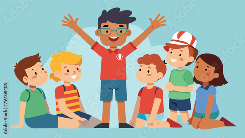 A lifeguard instructor leading a group of excited kids in a demonstration of proper CPR techniques on a mannequin.