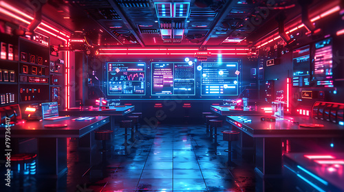 Futuristic workspace with neon lights 