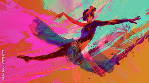 Capture the fluidity of ballet from a worms-eye view, using abstract shapes and vibrant colors in a digital glitch art style