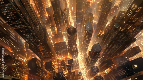 Capture the grandeur of a wide-angle view of a futuristic cityscape where nanotechnology-enhanced superheroes soar amidst towering skyscrapers, gleaming with metallic sheen, in a high-tech digital ren photo