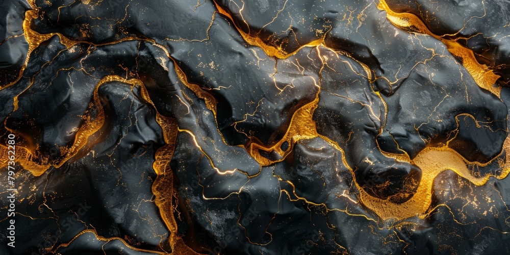 A mesmerizing close-up of a swirling black and yellow marble against a black wall and gold background.