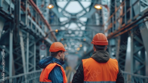 Two men in orange vests and hard hats are walking on a bridge