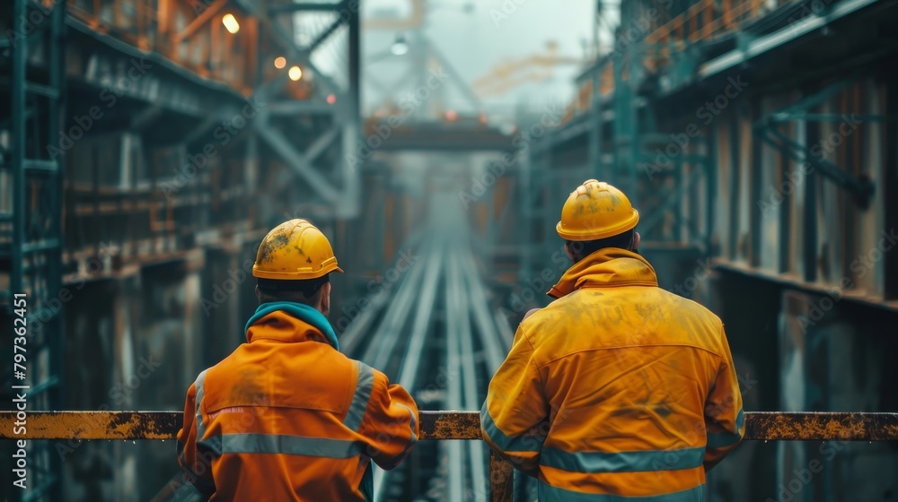 Two men in yellow hard hats stand on a railing in a factory Two men in yellow hard hats stand on a railing in a factory