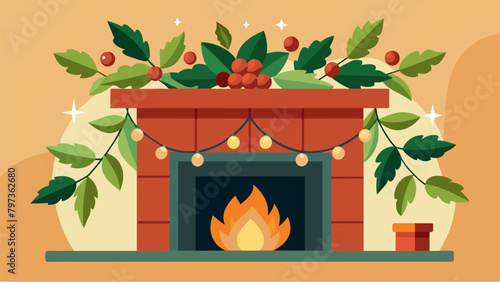 A cozy fireplace mantle adorned with garlands of fresh mistletoe and dried magnolia leaves.