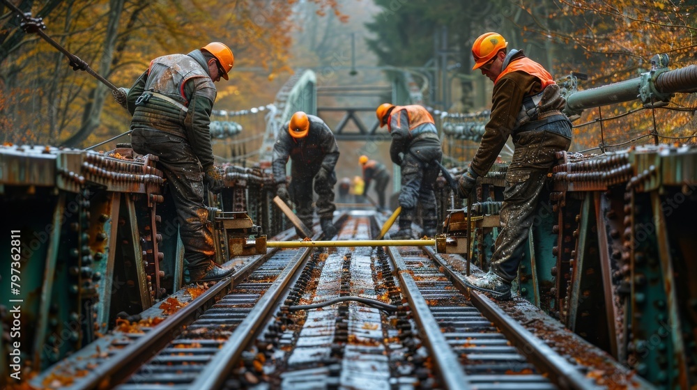 A group of men are working on a train track A group of men are working on a train track