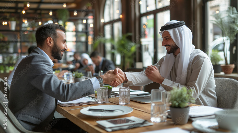 Middle Eastern Business Partners Striking a Successful Deal at a Corporate Modern Meeting Room. Two Arab Men Shaking Hands, Managers in Traditional White Robes Celebrating and Clapping Hands. Middle Eastern Business Partners Striking a Successful Deal at a Corporate Modern Meeting Room. Two Arab Men Shaking Hands, Managers in Traditional White Robes Celebrating and Clapping Hands.
