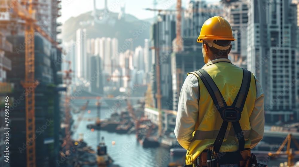 A man in a yellow vest stands on a bridge overlooking a city A man in a yellow vest stands on a bridge overlooking a city