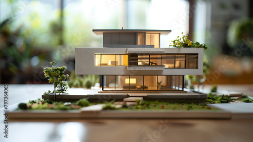Miniature double-story house model with green plants on table interior background © Iqra Iltaf