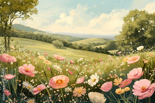 Spring hilly flowerfield painting landscape grassland. photo