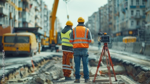 Two men in orange vests stand on a construction site, one holding a camera