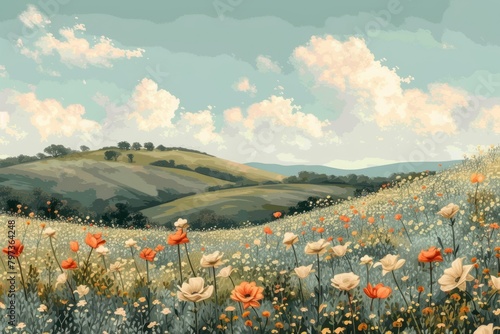 Summer hilly flowerfield painting landscape grassland. photo