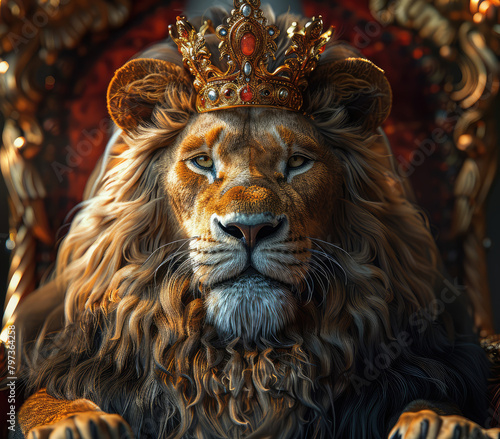 A majestic lion with an elegant crown, sitting on the throne of his kingdom. Created with Ai © AllAbout