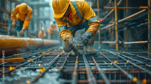 A construction worker is kneeling down to work on a metal grid photo