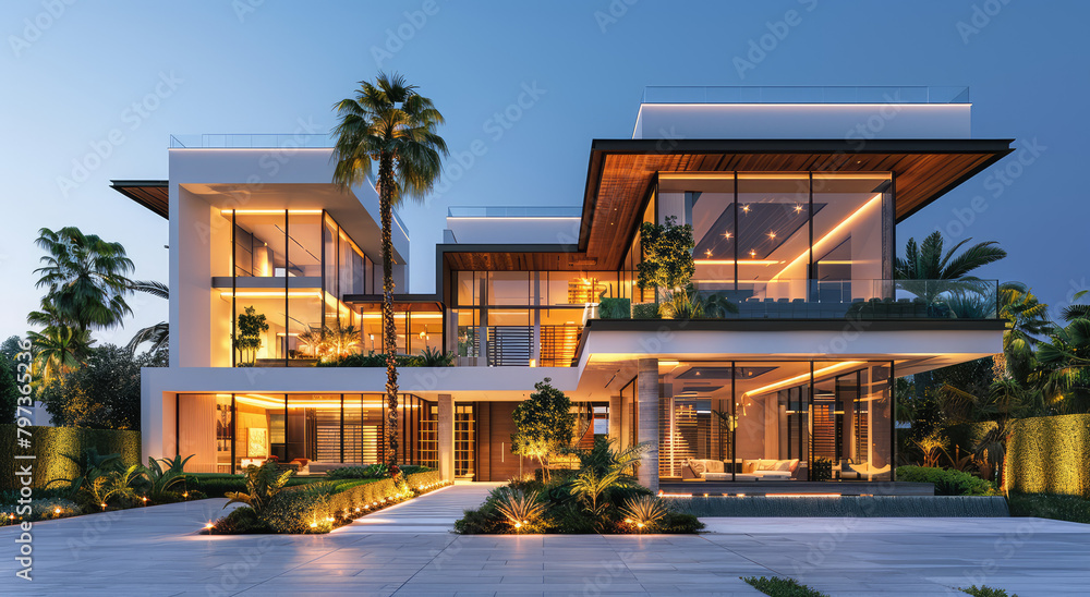 Modern mansion exterior design with large windows and terraces, stone walls and decorative glass panels. Modern house in Miami at dusk. Created with Ai
