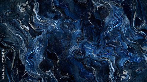 Dark indigo marble background with swirls of midnight blue and white, evoking a mysterious and deep oceanic feel