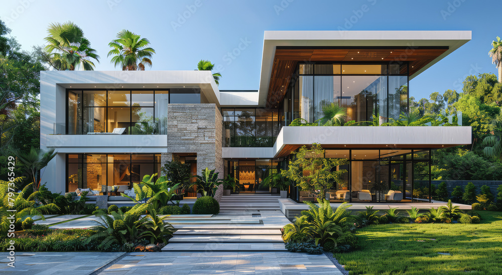 A stunning modernist mansion in Miami with expansive glass windows and marble accents. Created with Ai