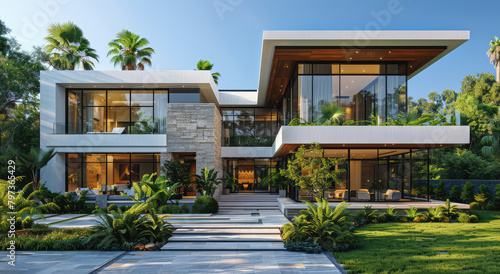 A stunning modernist mansion in Miami with expansive glass windows and marble accents. Created with Ai © AllAbout