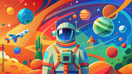 Space, science fiction, the future. Illustrations, bright colors, digital, an astronaut on another planet in a spacesuit. Science and the future of people. Against the background of space and planets