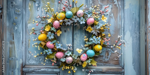 A beautiful Easter wreath hangs gracefully on a door, adding a touch of festive charm and warmth to the entrance.