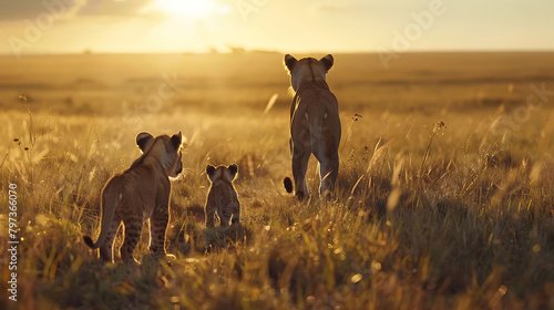 The maternal instinct of an African lioness shines through as she guides her adorable cub through the vast and untamed landscapes of Maasai Mara, a testament to nature's wonders photo