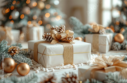  A photo of multiple Christmas presents in a white and gold color palette, decorated with golden ribbons and pine cones. Created with Ai © AllAbout
