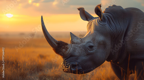 The majestic profile of a rhinoceros against the horizon of  Kenya, Africa, its massive form and rugged features captured in breathtaking 8k detail,  © Jigxa