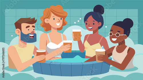 Over glasses of water friends exchange stories and jokes in the sauna..