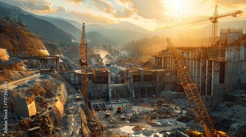 A construction site with a large crane and a mountain in the background