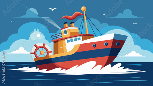 With the ship slicing through the water at full speed the friends sit at the helm trading insider knowledge and techniques on how to navigate through. Vector illustration