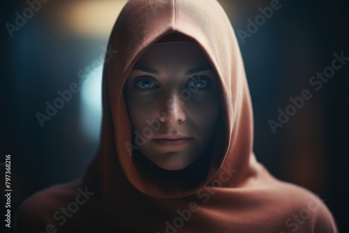 a woman wearing a brown hood