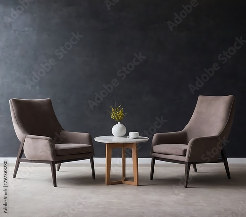 Grey green living room. Lounge area chair with an accent gold table and decor. Empty painted wall blank as background. Modern interior design room home or hotel. 3d rendering © Tjm
