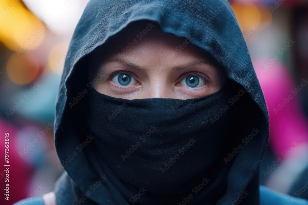 a woman wearing a black hood a woman wearing a black hood