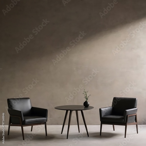 Grey green living room. Lounge area chair with an accent gold table and decor. Empty painted wall blank as background. Modern interior design room home or hotel. 3d rendering