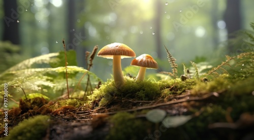 two mushrooms growing in the forest