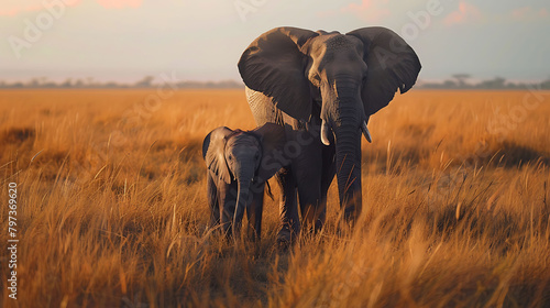 The gentle giants of  Kenya, Africa, are portrayed in their natural habitat as an African Bush Elephant mother stands protectively beside her adorable calf, all in mesmerizing 8k resolution © Jigxa