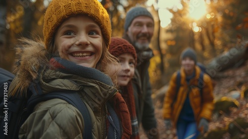 A family of four is hiking in the woods, with a young girl wearing a yellow hat © G.Go