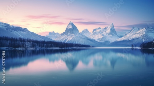 a lake with snow covered mountains and trees photo
