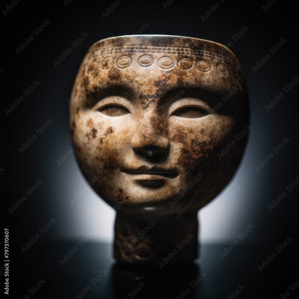 a stone cup with a face carved into it
