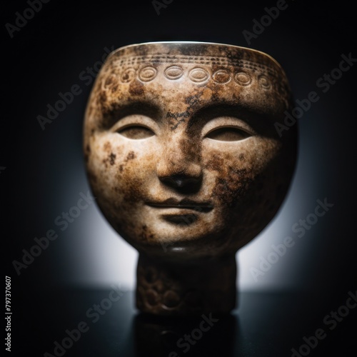 a stone cup with a face carved into it
