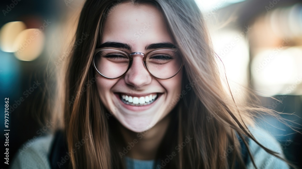 a woman smiling with glasses a woman smiling with glasses