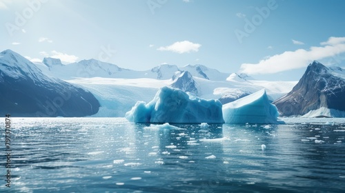 icebergs in the water with mountains in the background photo