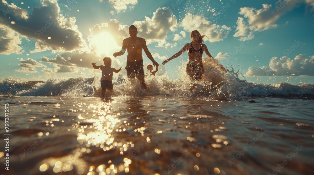 A family of four is playing in the ocean, with a young child in the middle A family of four is playing in the ocean, with a young child in the middle